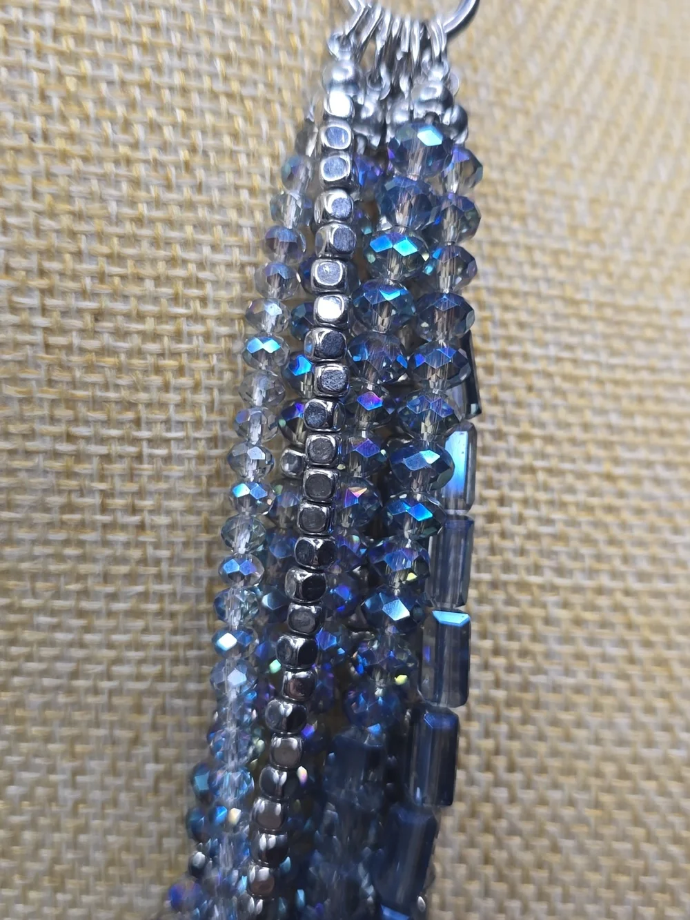 Blue AB Crystals & Silver Tone  Beaded 8 Strand Layered Necklace